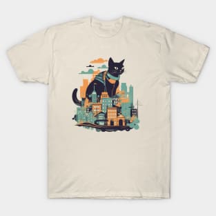 Black cat sitting in front of a colourful city T-Shirt